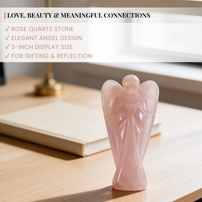 Scale measurement graphic indicating 3-inch height, width, and base depth of Rose Quartz angel carving
