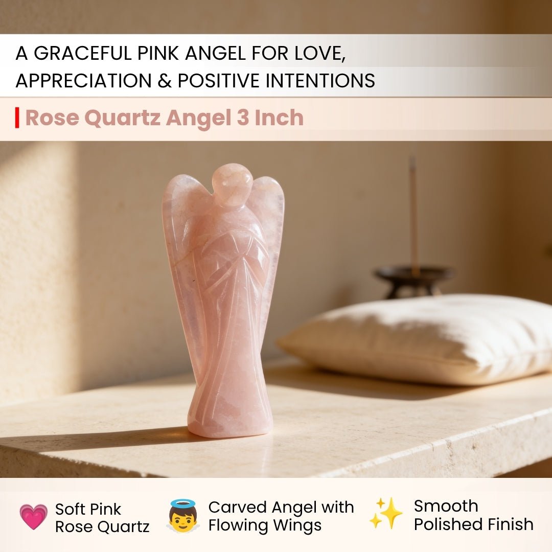 Close-up of polished Rose Quartz angel showing delicate translucent pastel pink tones and natural crystalline veining