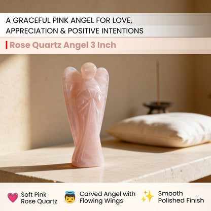 Close-up of polished Rose Quartz angel showing delicate translucent pastel pink tones and natural crystalline veining