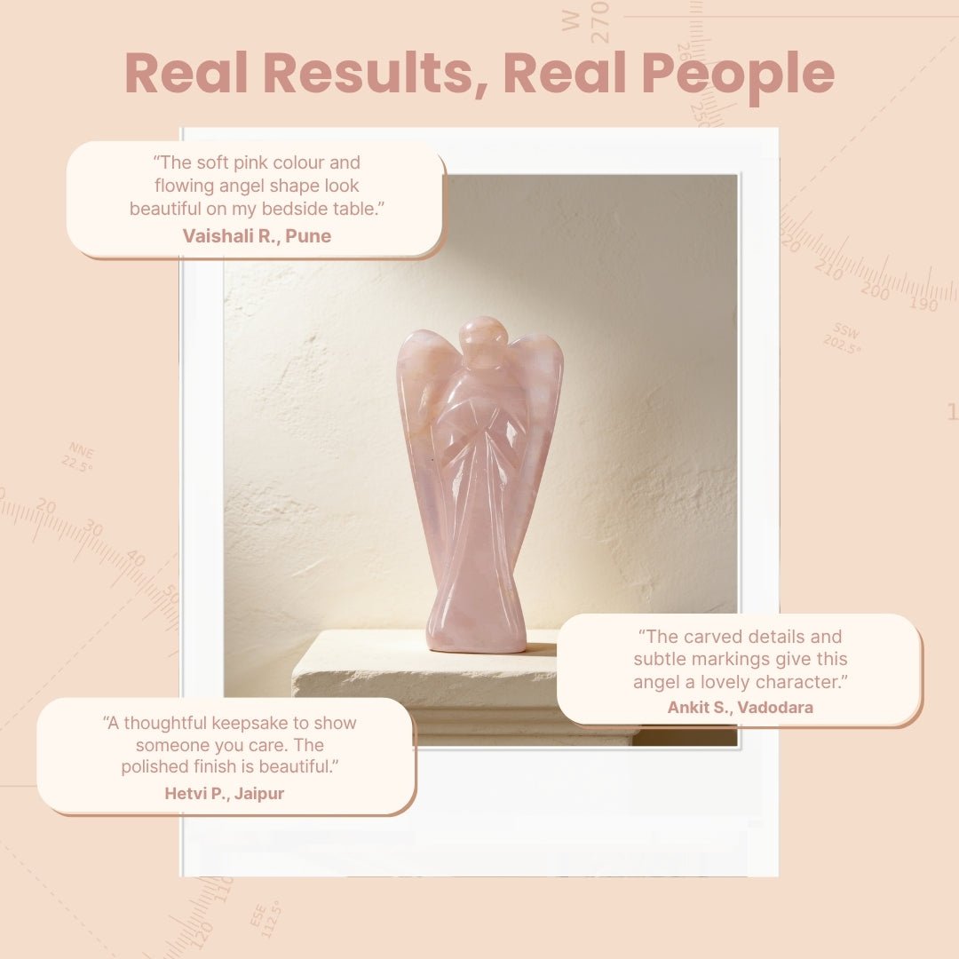 3-inch Rose Quartz carved angel presented on meditation altar beside velvet storage pouch and gift box