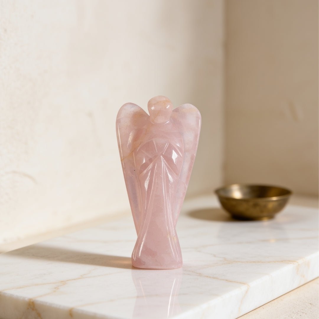 Hand-carved 3-inch natural Rose Quartz guardian angel crystal figurine