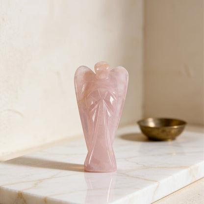 Hand-carved 3-inch natural Rose Quartz guardian angel crystal figurine