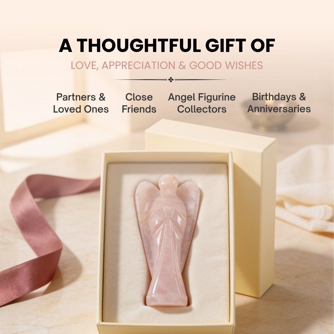 Natural glassy sheen and soft luminous pink glow radiating through Rose Quartz angel figurine
