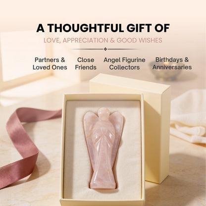 Natural glassy sheen and soft luminous pink glow radiating through Rose Quartz angel figurine