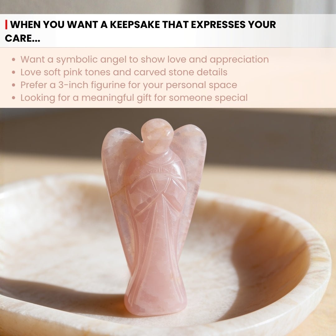 Intricately carved wings, prayer posture, and smooth hand-polished contours of Rose Quartz angel statue