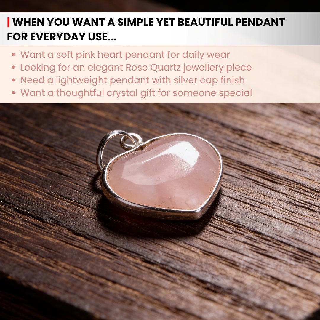 silver cap detail on the rose quartz heart pendant