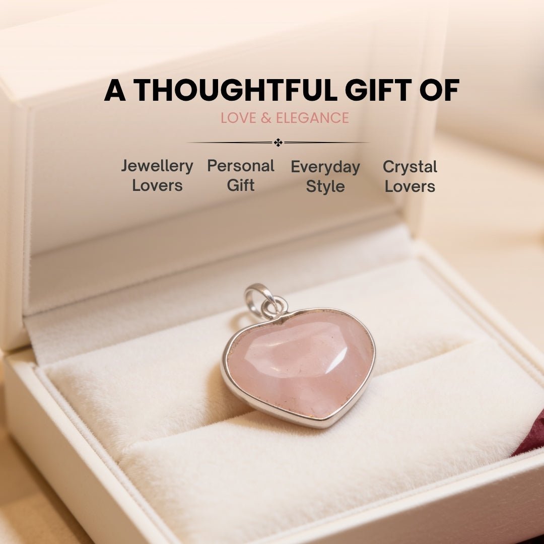 rose quartz heart pendant worn near the collarbone