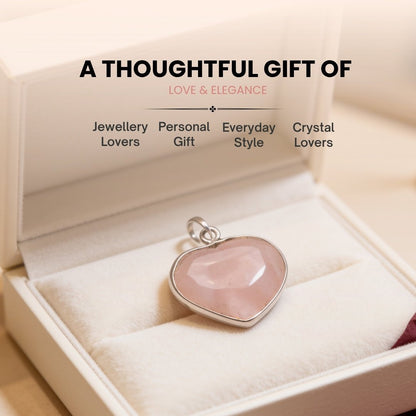 rose quartz heart pendant worn near the collarbone