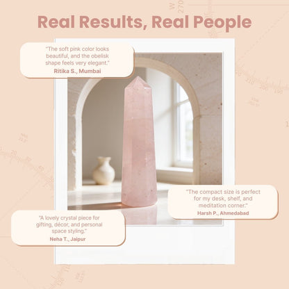 close-up of the rose quartz wand point and smooth surface