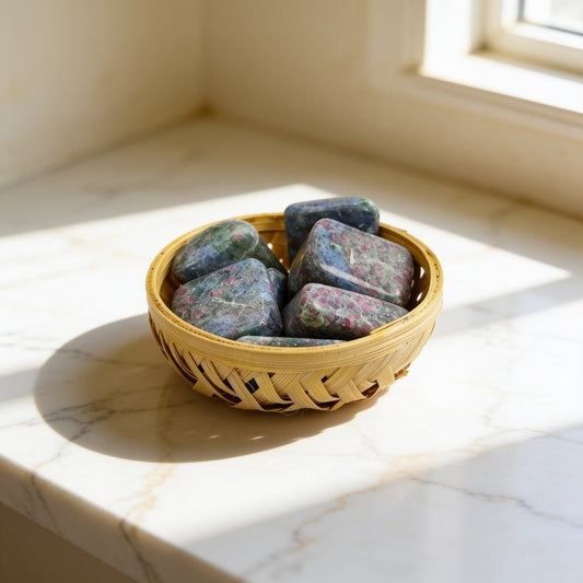Natural Ruby Kyanite tumbled stone pebbles 200g displayed in rustic woven basket