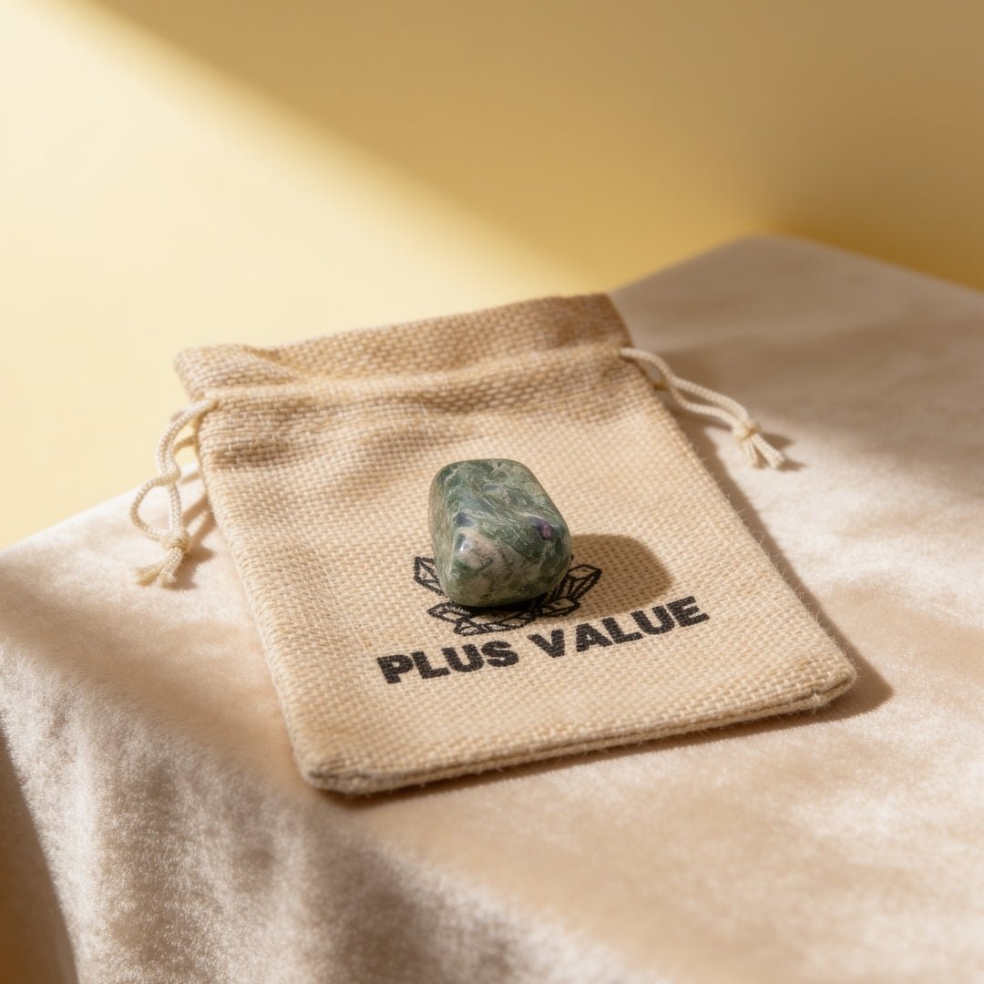 natural ruby zoisite pocket stone on a plain background