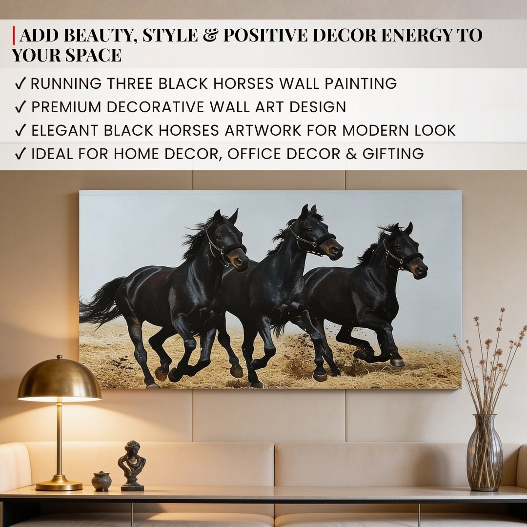 3 Black Running Horses Vastu Feng Shui Canvas Print, Paintings For Office, Home Living Room & Bedroom Decor - plusvalueindia