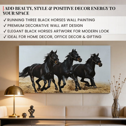 3 Black Running Horses Vastu Feng Shui Canvas Print, Paintings For Office, Home Living Room & Bedroom Decor - plusvalueindia