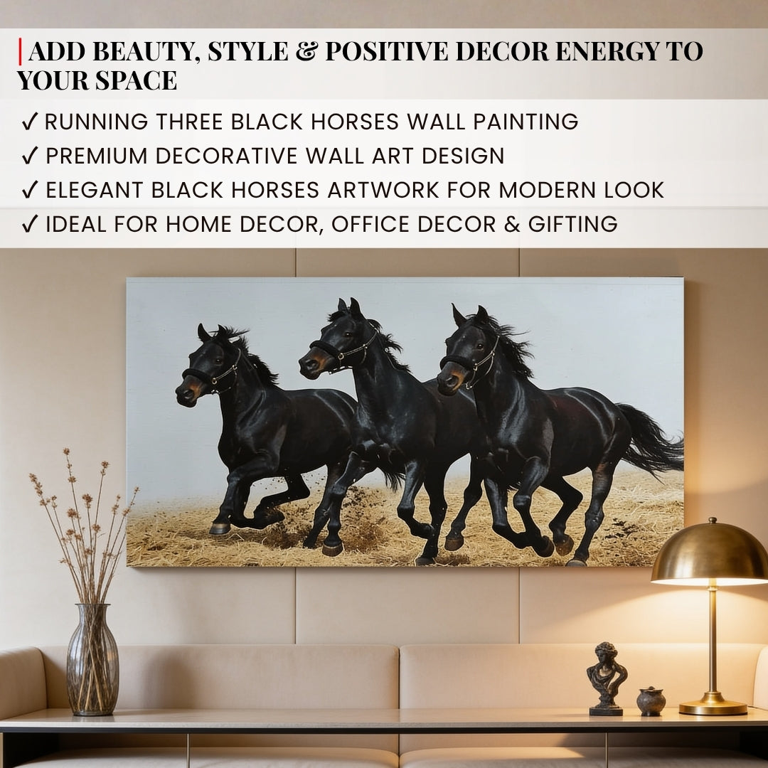 Running Three Black Horses - Vastu & Feng Shui Canvas Print, Paintings