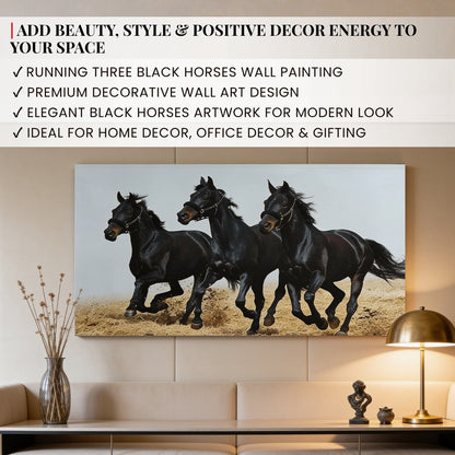 Running Three Black Horses - Vastu & Feng Shui Canvas Print, Paintings