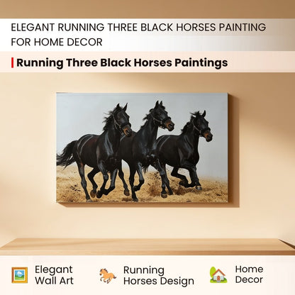3 Black Running Horses Vastu Feng Shui Canvas Print, Paintings For Office, Home Living Room & Bedroom Decor - plusvalueindia