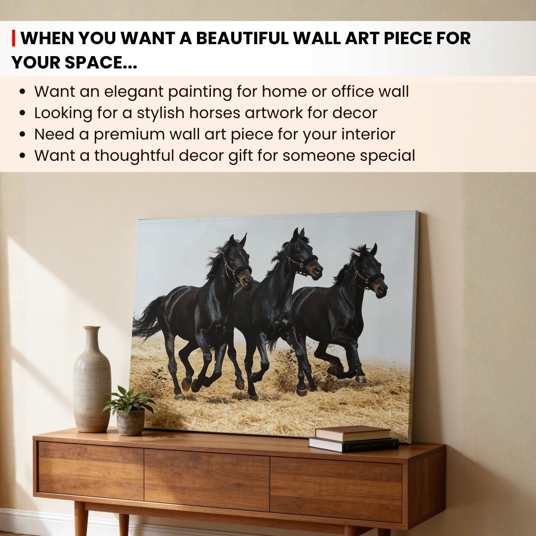 3 Black Running Horses Vastu Feng Shui Canvas Print, Paintings For Office, Home Living Room & Bedroom Decor - plusvalueindia