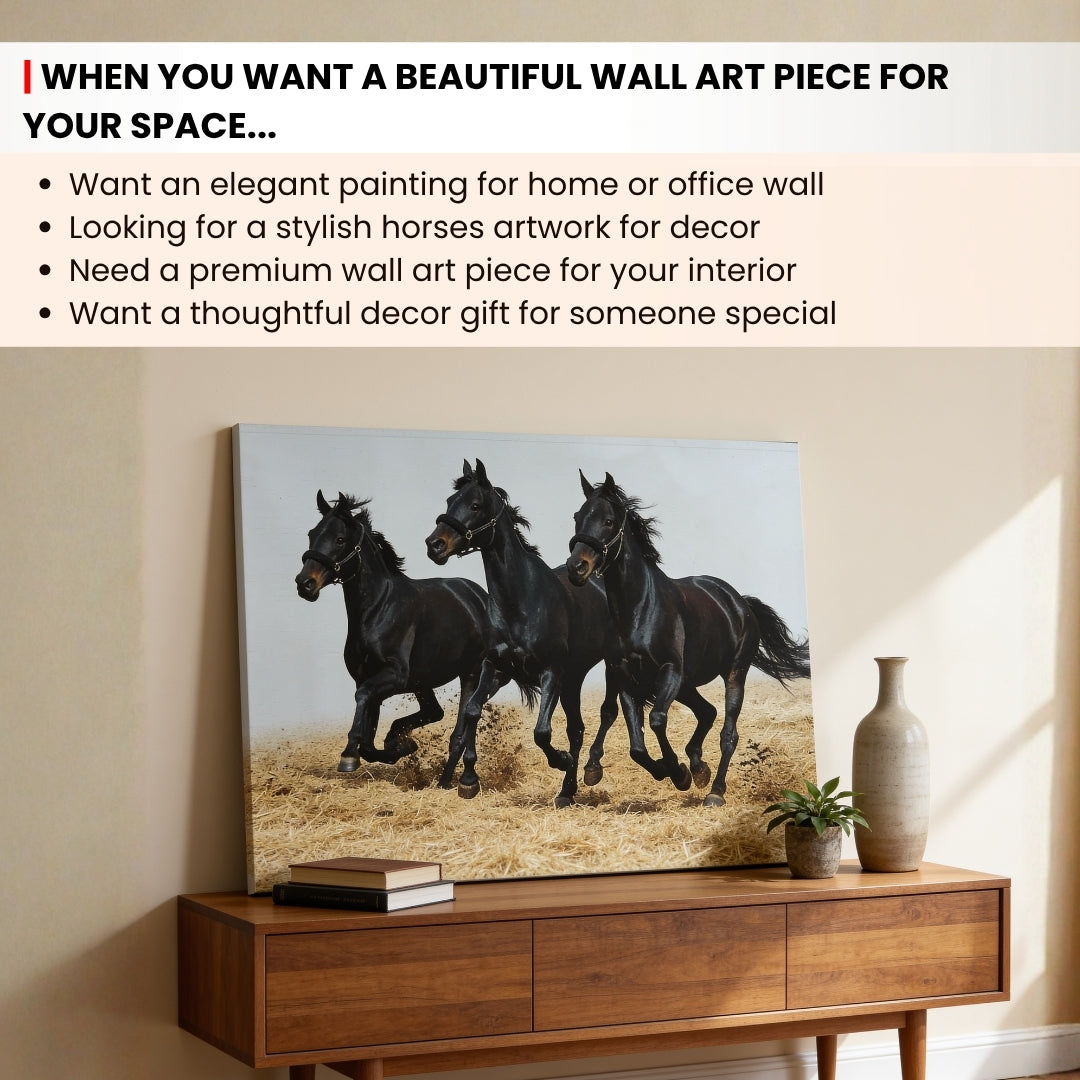 Running Three Black Horses - Vastu & Feng Shui Canvas Print, Paintings