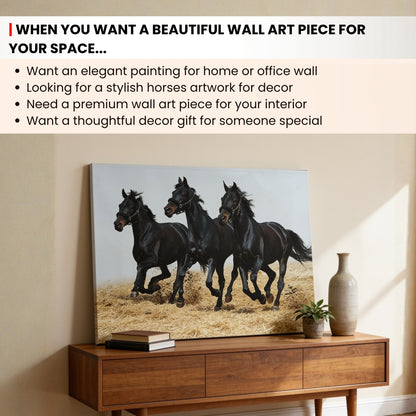 Running Three Black Horses - Vastu & Feng Shui Canvas Print, Paintings