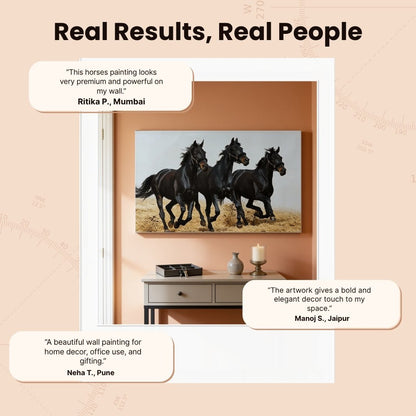 3 Black Running Horses Vastu Feng Shui Canvas Print, Paintings For Office, Home Living Room & Bedroom Decor - plusvalueindia