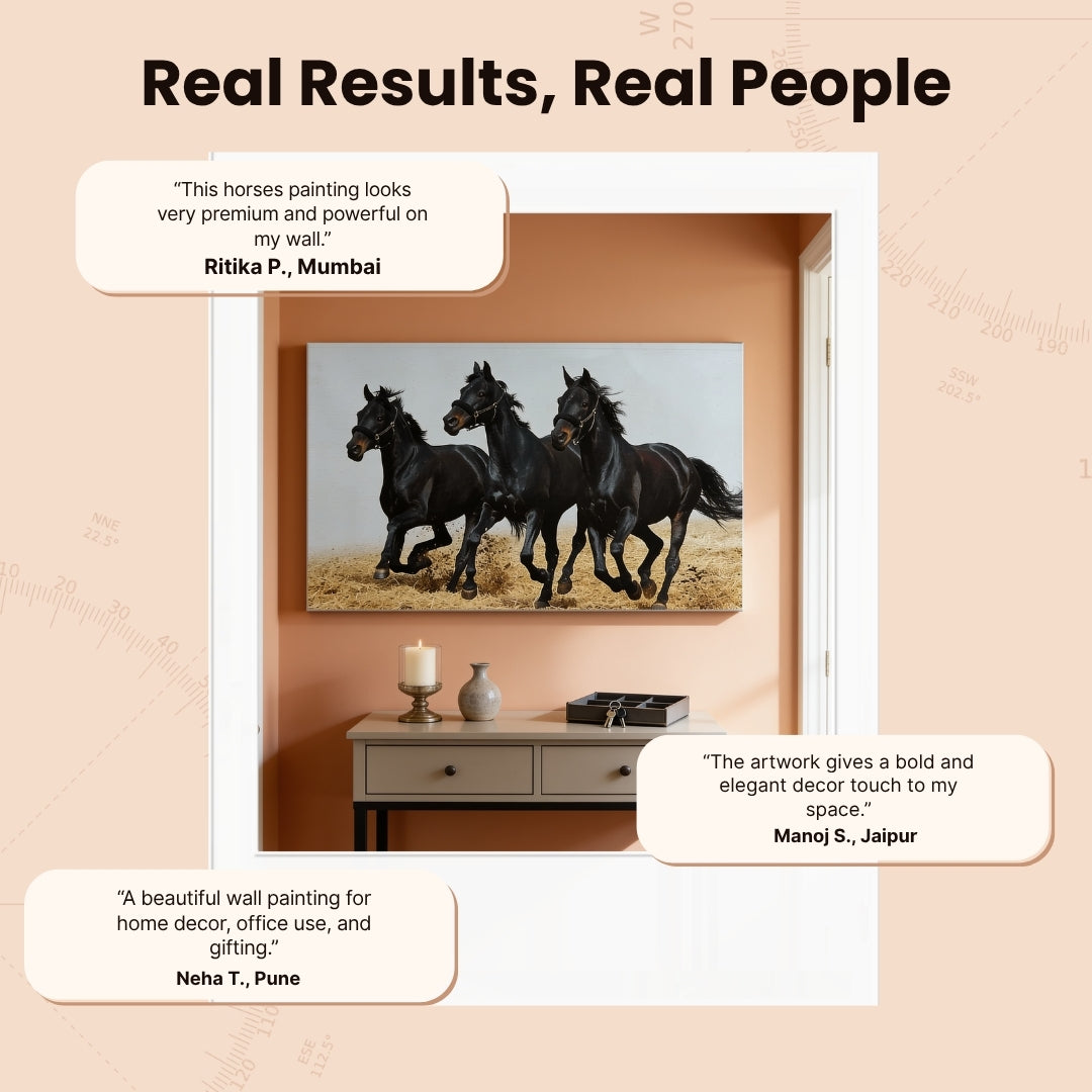 Running Three Black Horses - Vastu & Feng Shui Canvas Print, Paintings