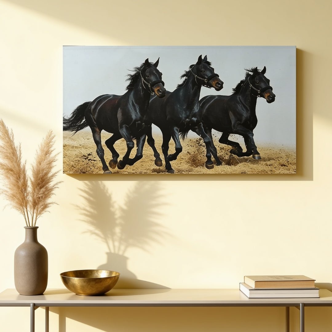 3 Black Running Horses Vastu Feng Shui Canvas Print, Paintings For Office, Home Living Room & Bedroom Decor - plusvalueindia