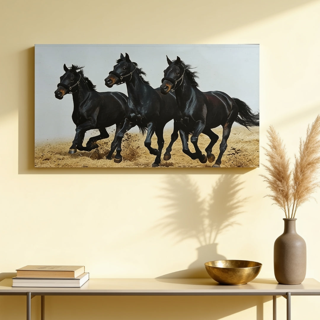 Running Three Black Horses - Vastu & Feng Shui Canvas Print, Paintings