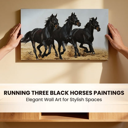 3 Black Running Horses Vastu Feng Shui Canvas Print, Paintings For Office, Home Living Room & Bedroom Decor - plusvalueindia