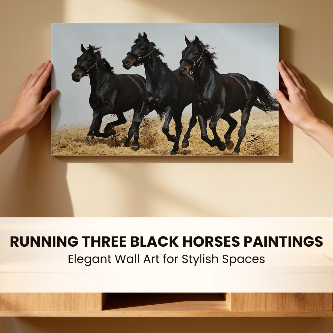 Running Three Black Horses - Vastu & Feng Shui Canvas Print, Paintings