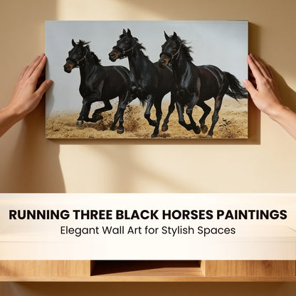 Running Three Black Horses - Vastu & Feng Shui Canvas Print, Paintings