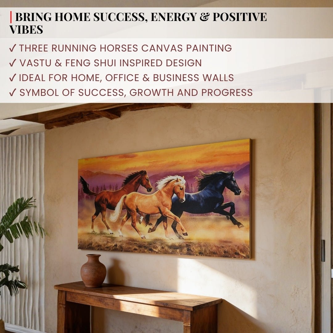 Running Three Horses - Vastu & Feng Shui Canvas Print, Paintings For Home Living Room & Bedroom Decor - plusvalueindia