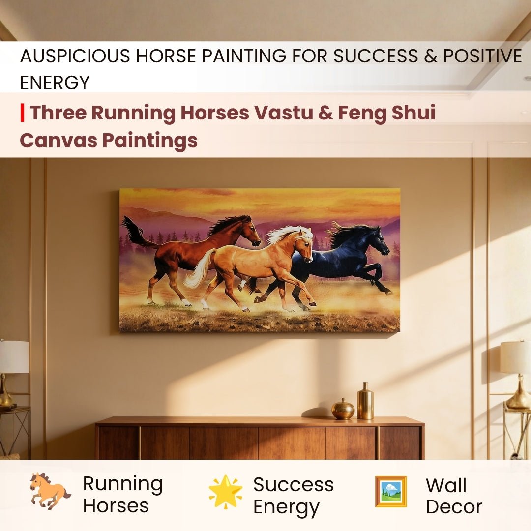 Running Three Horses - Vastu & Feng Shui Canvas Print, Paintings For Home Living Room & Bedroom Decor - plusvalueindia