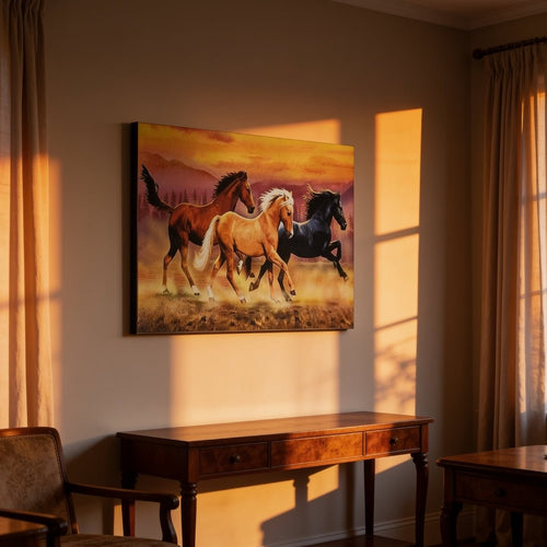 Running Three Horses - Vastu & Feng Shui Canvas Print, Paintings For Home Living Room & Bedroom Decor - plusvalueindia