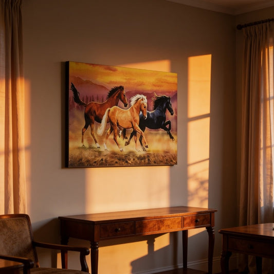 Running Three Horses - Vastu & Feng Shui Canvas Print, Paintings For Home Living Room & Bedroom Decor - plusvalueindia