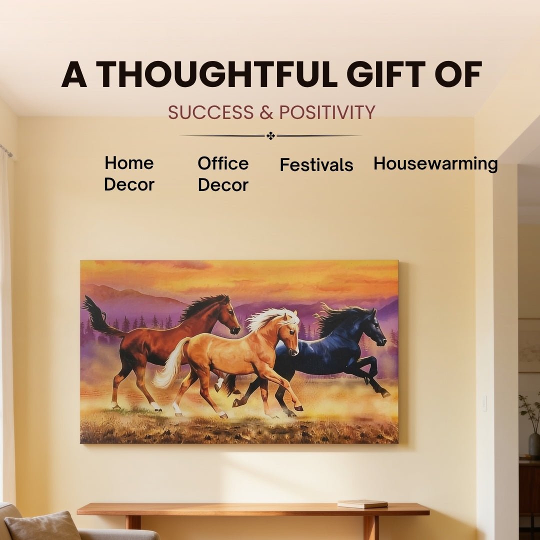 Running Three Horses - Vastu & Feng Shui Canvas Print, Paintings For Home Living Room & Bedroom Decor - plusvalueindia