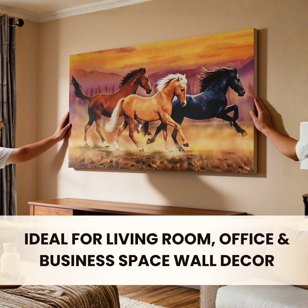 Running Three Horses - Vastu & Feng Shui Canvas Print, Paintings For Home Living Room & Bedroom Decor - plusvalueindia