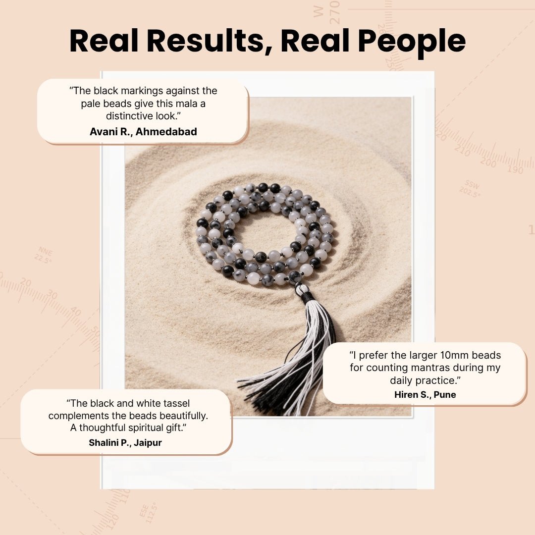 Overhead spiral arrangement of 108 Rutile Quartz 10 mm beads displayed beside a soft drawstring storage pouch