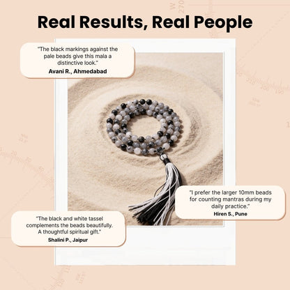 Overhead spiral arrangement of 108 Rutile Quartz 10 mm beads displayed beside a soft drawstring storage pouch