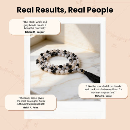 Overhead spiral arrangement of 108 Rutile Quartz 8 mm beads displayed beside a protective drawstring storage pouch