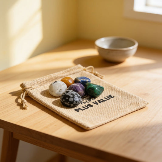 Safe Travel crystal pocket bag featuring curated tumbled gemstones including Aquamarine, Amethyst, Black Tourmaline, Malachite, and Moonstone