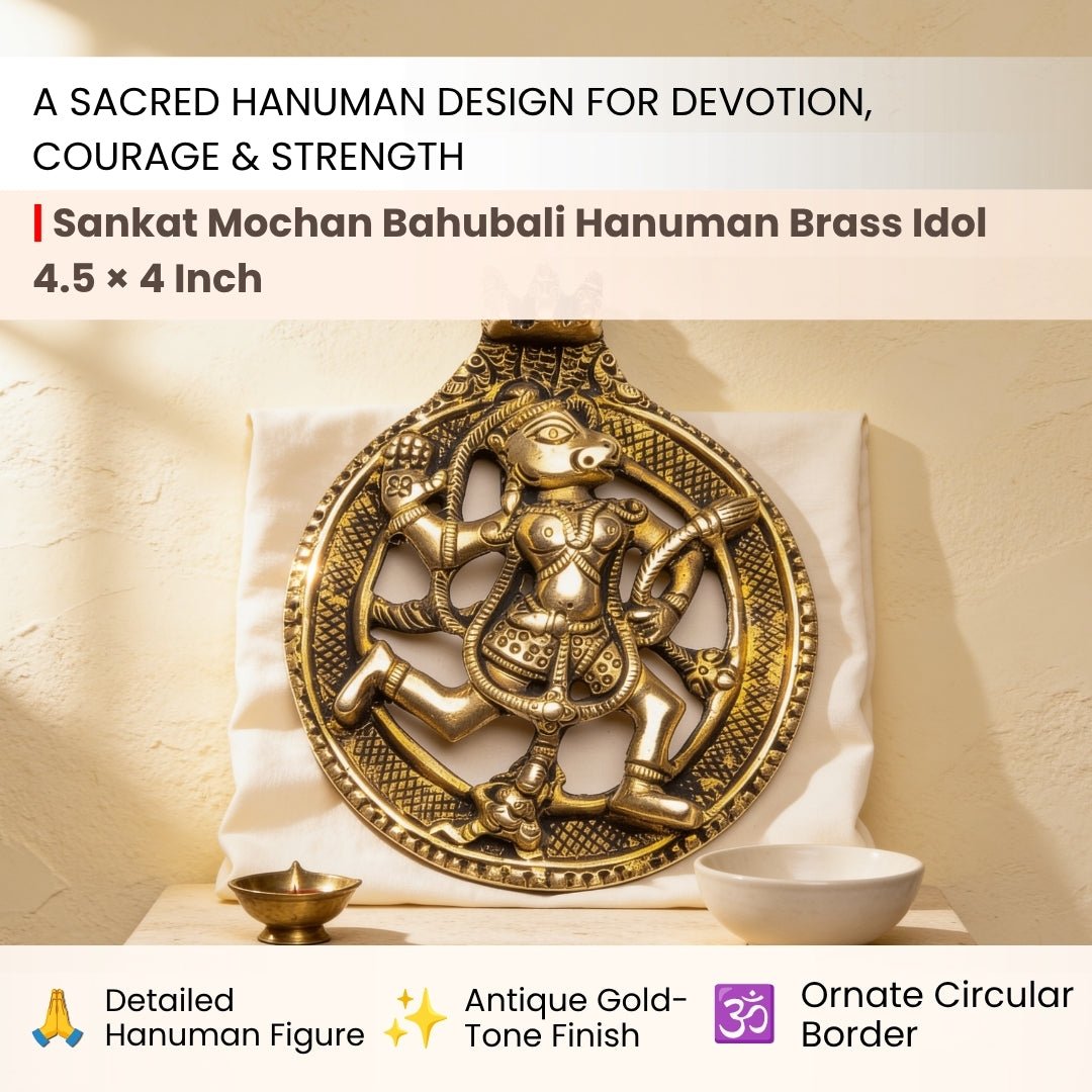 Detailed close-up of Bahubali Hanuman face, ornate mukut crown, and expressive heroic posture in cast brass