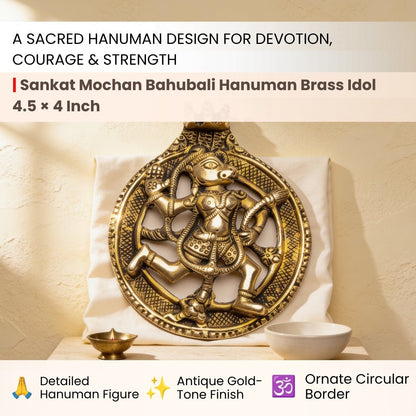 Detailed close-up of Bahubali Hanuman face, ornate mukut crown, and expressive heroic posture in cast brass