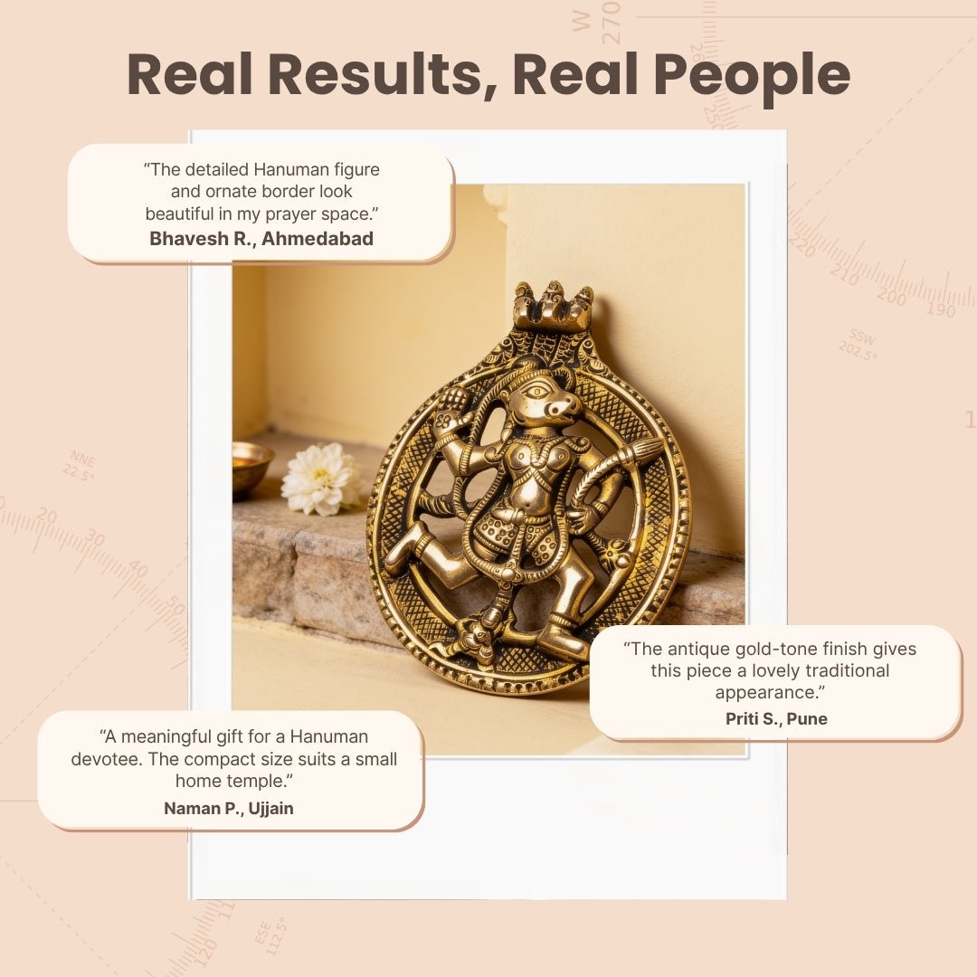 Sankat Mochan Bahubali Hanuman brass murti displayed on home pooja altar with diya and gift packaging
