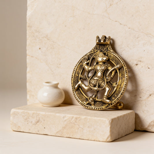 Sankat Mochan Bahubali Hanuman brass idol in powerful standing posture with gada and mountain