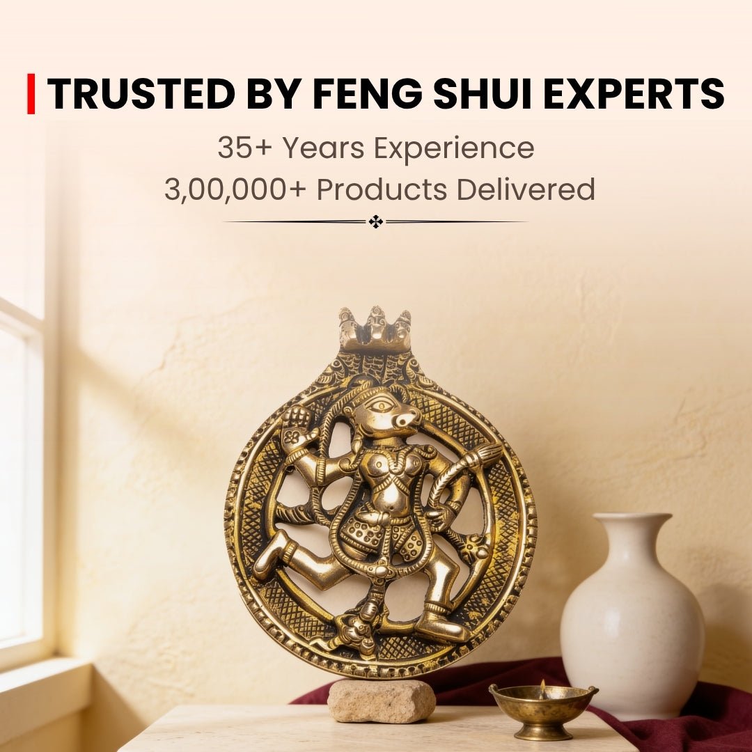 Sankat Mochan idol infographic highlighting courage, evil eye protection, obstacle removal, and South-facing Vastu placement