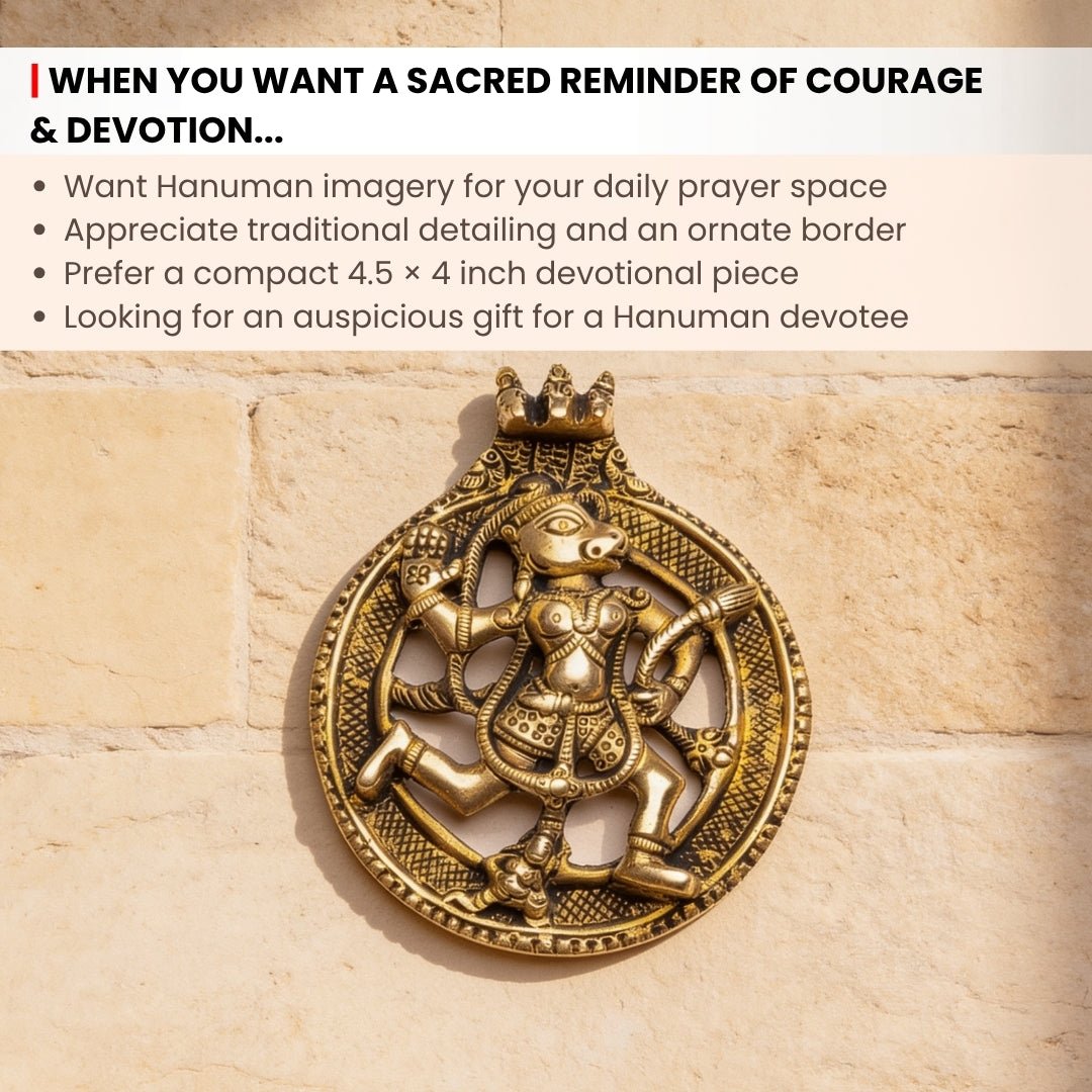 Scale measurement graphic showing 4.5-inch height and 4-inch base width of brass Hanuman murti