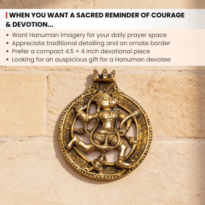 Scale measurement graphic showing 4.5-inch height and 4-inch base width of brass Hanuman murti