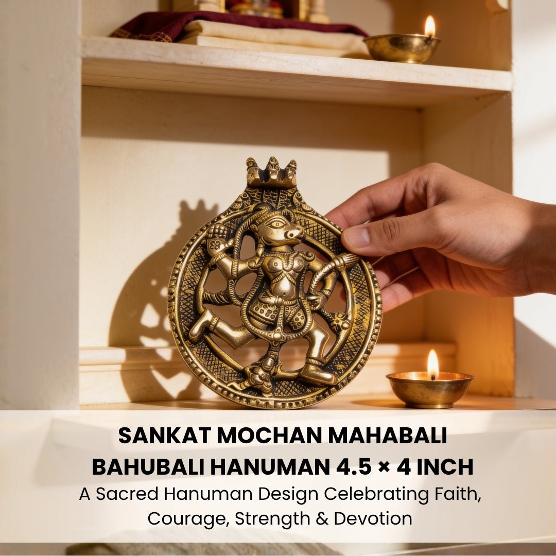 4.5 by 4 inch solid brass Bahubali Hanuman idol held in hands demonstrating compact size and heavy weight