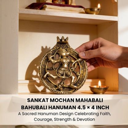 4.5 by 4 inch solid brass Bahubali Hanuman idol held in hands demonstrating compact size and heavy weight