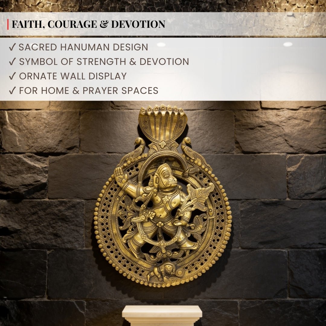 Fine engraved brass details of the heavy gada, lifelike hand-held mountain, and floral-embossed pedestal base